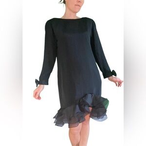 Vintage 90s Pierre Cardin silk ruffle sheath black dress with bow ties iconic